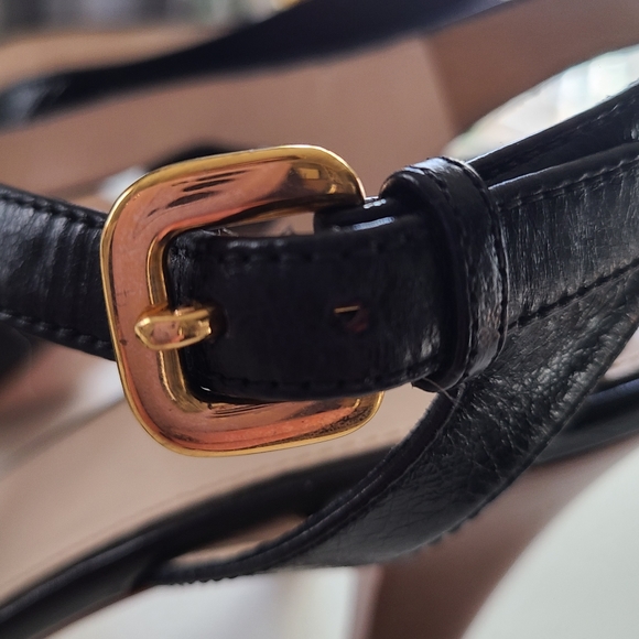 PRADA Black Leather Platform Stacked Wood Heel With Gold Buckle Ankle Strap 36 - Picture 5 of 12